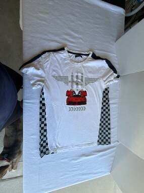 Imperious Graphic Car Print T-Shirt with Checkerboard Side Panels